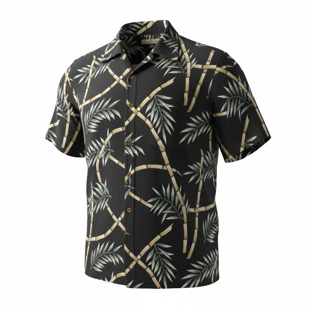 Tommy Bahama Bamboo Floral Button Up Shirt‎ L 100% Silk Black Luxury Tropical